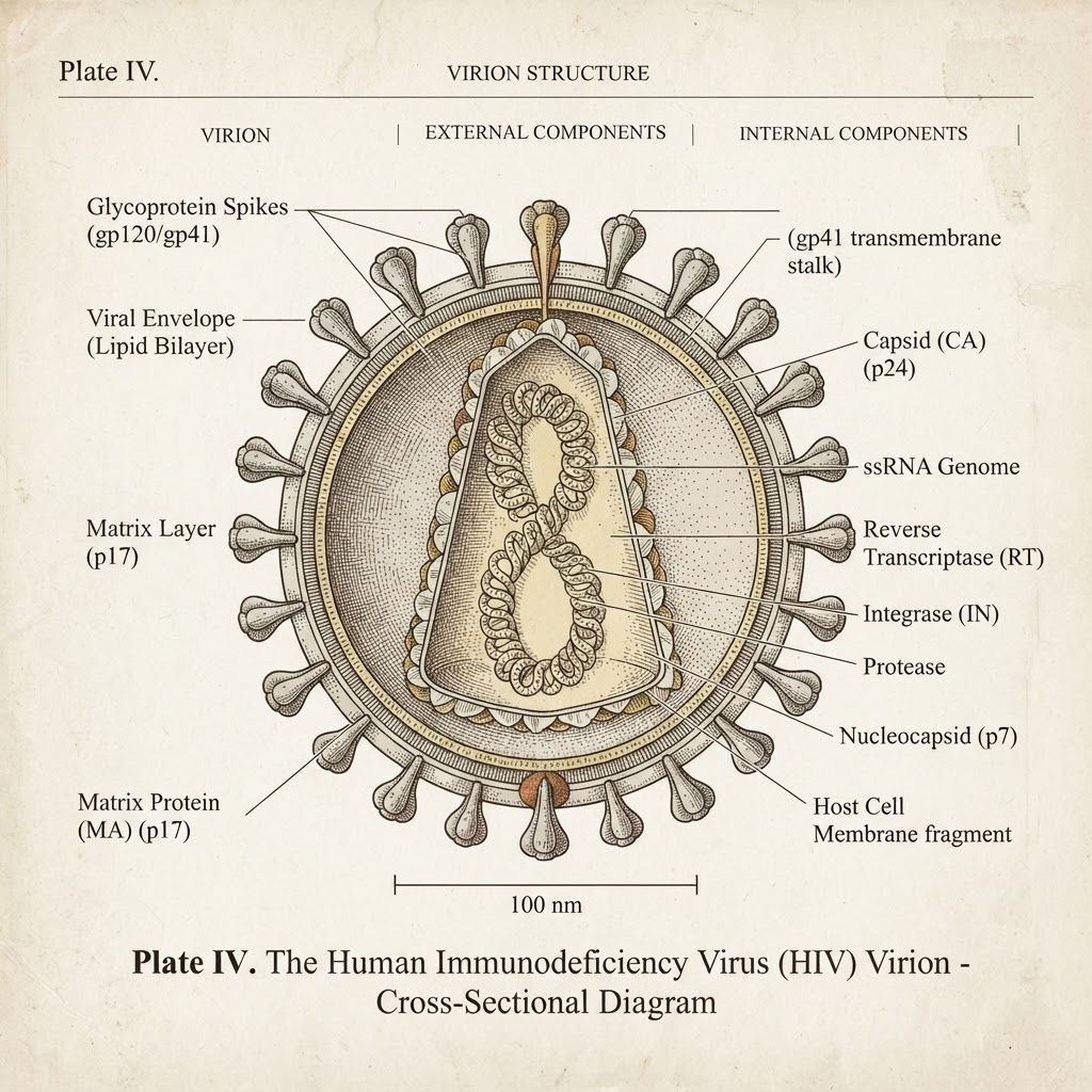 Labeled cross-section diagram of the HIV virus particle, showing the envelope, glycoprotein spikes, capsid, and RNA